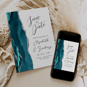 Agate Teal Silver Modern Script Wedding Save The Date