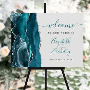Agate Teal Silver Script Gray Wedding Welcome Foam Board