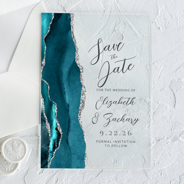 Agate Teal Silver Script Wedding Save the Date (Creator Uploaded)