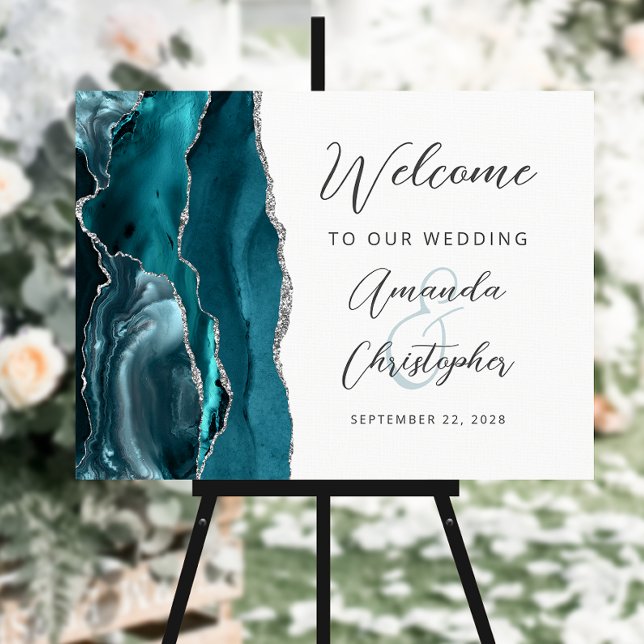 Agate Teal Silver Script Wedding Welcome Foam Board (Creator Uploaded)