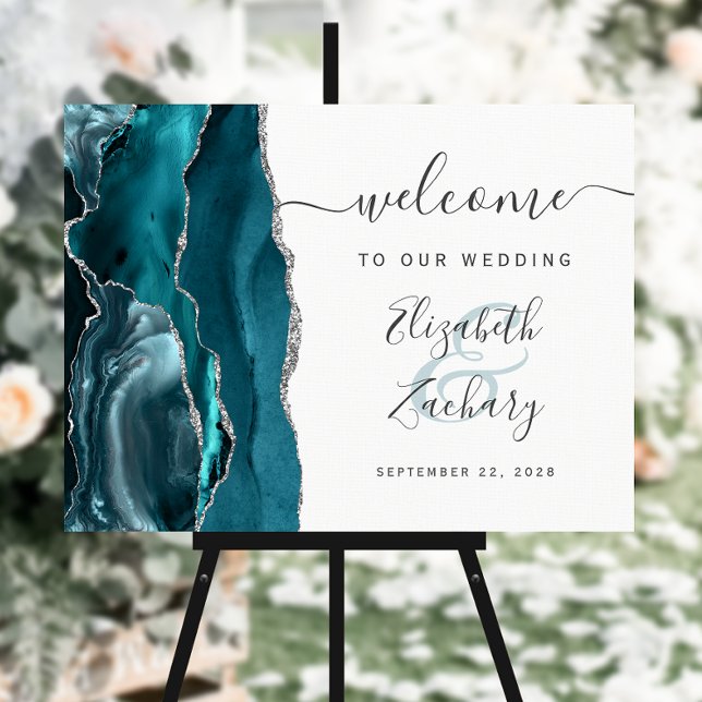 Agate Teal Silver Script Wedding Welcome Foam Board (Creator Uploaded)