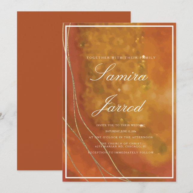 Agate Terracotta Hand Watercolor Faux Gold Wedding Invitation (Front/Back)