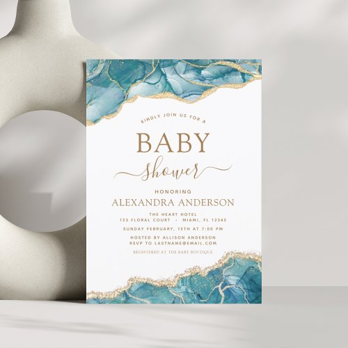 Agate Turquoise Baby Shower Teal Gold Blue Invitation