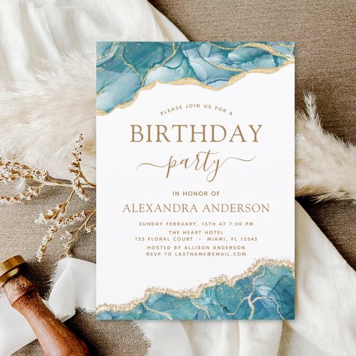 Agate Turquoise Birthday Party Teal Gold Blue Invi Invitation