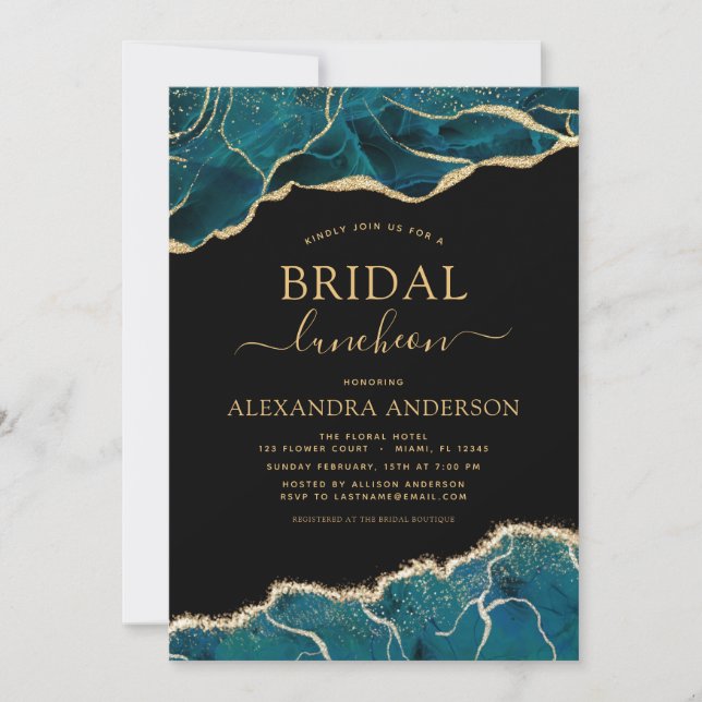 Agate Turquoise Bridal Shower Luncheon Teal Gold I Invitation (Front)