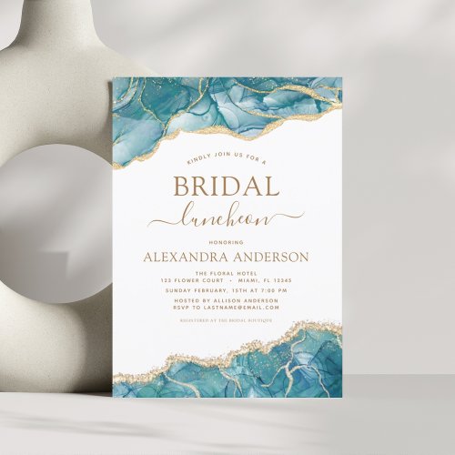 Agate Turquoise Bridal Shower Luncheon Teal Gold Invitation