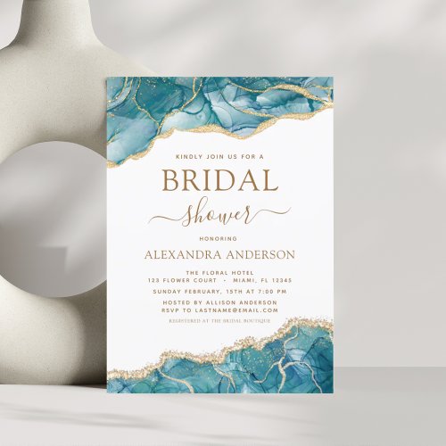 Agate Turquoise Bridal Shower Teal Gold Blue Invit Invitation