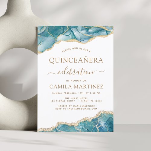 Agate Turquoise Quinceaera Teal Gold Blue Invitat Invitation