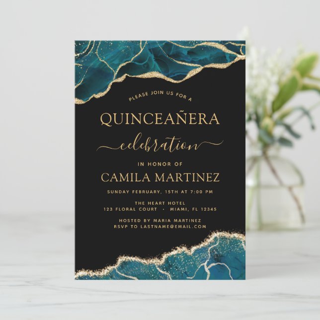 Agate Turquoise Quinceañera Teal Gold Blue Invitat Invitation (Standing Front)