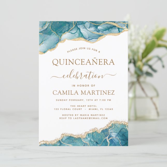 Agate Turquoise Quinceañera Teal Gold Blue Invitation (Standing Front)