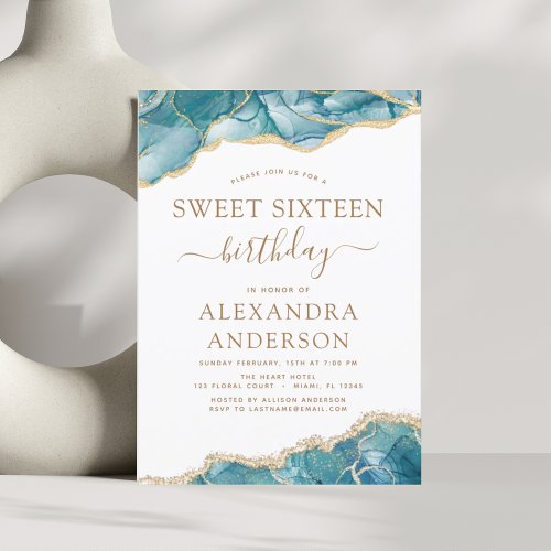 Agate Turquoise Sweet 16 Teal Gold Invitation