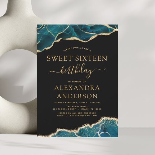 Agate Turquoise Sweet 16 Teal Gold Invitation