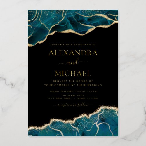 Agate Turquoise Teal Black Gold Wedding Foil Invitation