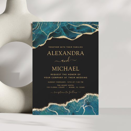 Agate Turquoise Teal Black Gold Wedding Invitation