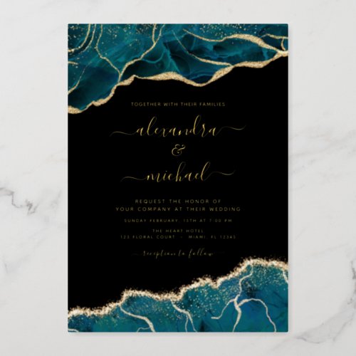 Agate Turquoise Teal Gold Blue Wedding Foil Invitation