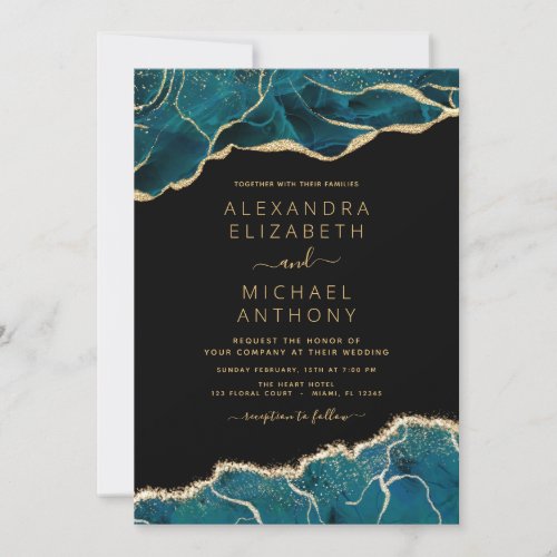 Agate Turquoise Teal Gold Blue Wedding Invitation