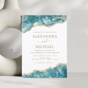 Agate Turquoise Teal Gold Blue Wedding Invitation