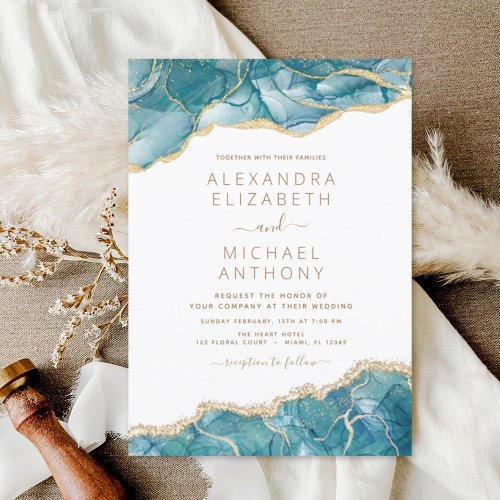 Agate Turquoise Teal Gold Blue Wedding Invitation