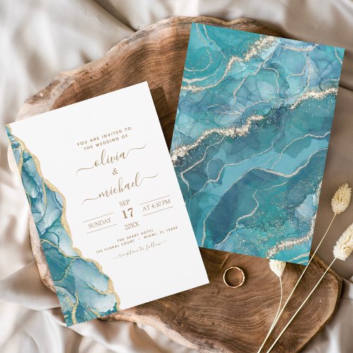 Agate Turquoise Teal Gold Wedding Invitation