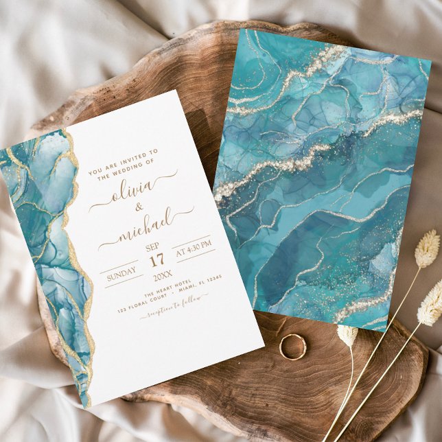 Agate Turquoise Teal Gold Wedding Invitation (Creator Uploaded)