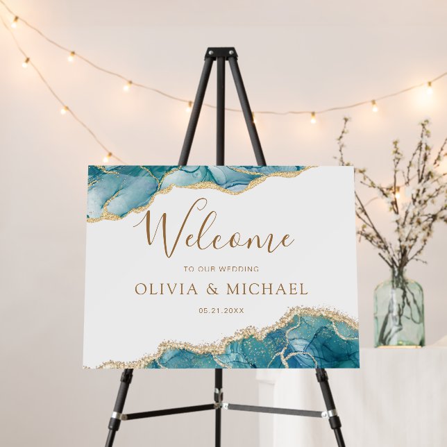 Agate Turquoise Teal Gold Wedding Welcome Foam Boa Board (In Situ (Stand))