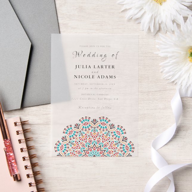 Agate Turquoise Teal & Wine Floral Mandala Wedding Vellum Invitations (Wedding)