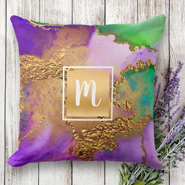 Agate watercolor gold purple green aqua monogram throw pillow (Creator Uploaded)