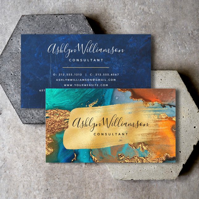 Agate watercolor gold turquoise modern script business card (Creator Uploaded)