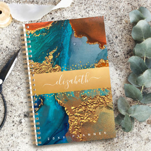 Agate watercolor gold turquoise orange script planner