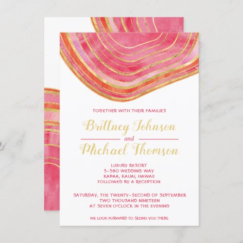 Agate Watercolor in Red Gold Accent Wedding Invitation