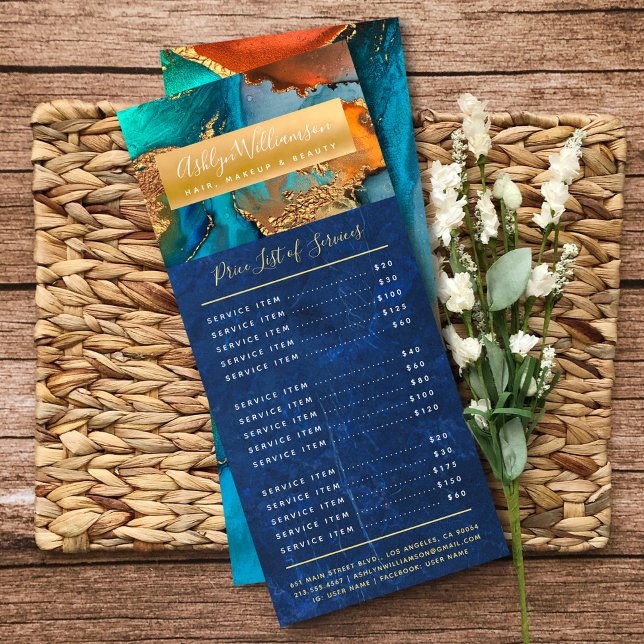 Agate watercolor turquoise gold beauty salon navy rack card (Creator Uploaded)