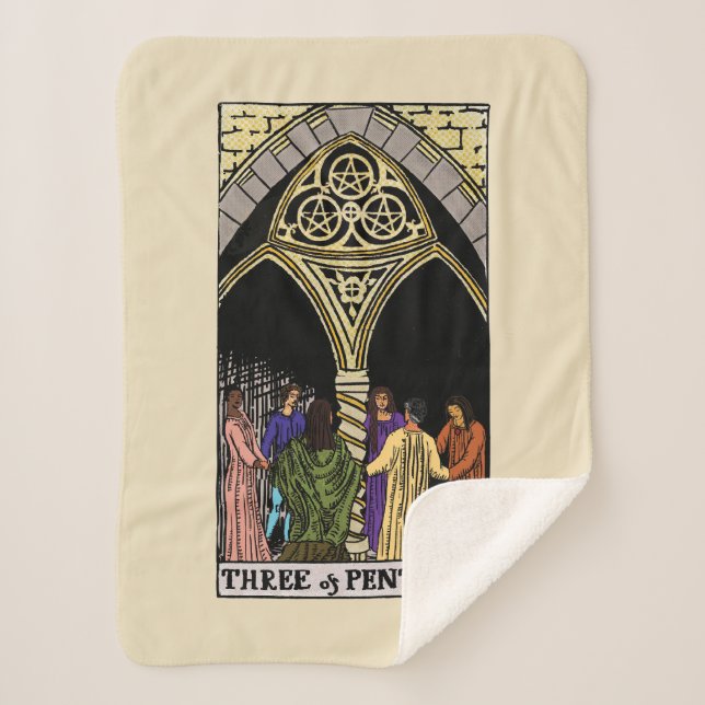 Agatha | Three of Pentacles Tarot Graphic Sherpa Blanket (Front)