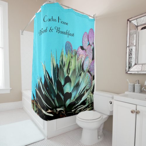 Agave and Prickly Pear Cactus on Turquoise Wall Shower Curtain