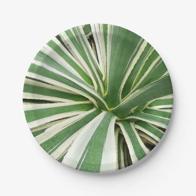 Agave Plant Green and White Striped Paper Plates (Front)