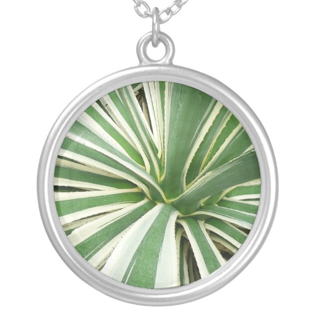 Agave Plant Green and White Striped Silver Plated Necklace (Front)