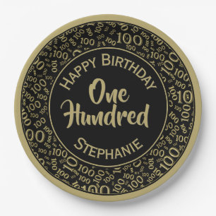 Age 100 Scattered Number Pattern Black/Gold Paper Plates