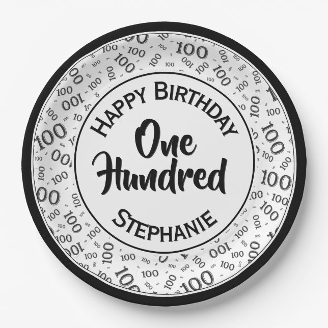 Age 100 Scattered Number Pattern Black/White Paper Plates (Front)