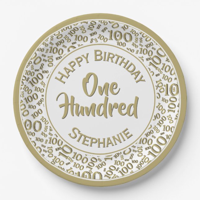 Age 100 Scattered Number Pattern Gold/White Paper Plates (Front)