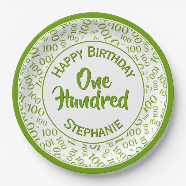 Age 100 Scattered Number Pattern Green/White Paper Plates (Front)