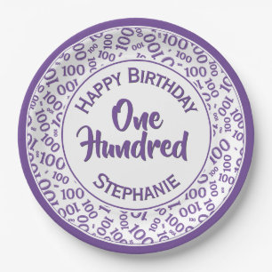 Age 100 Scattered Number Pattern Purple/White Paper Plates