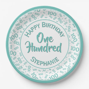 Age 100 Scattered Number Pattern Teal/White Paper Plates