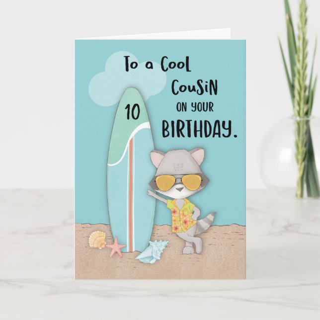 Age 10 Cousin Birthday Beach Funny Cool Raccoon  Card (Front)