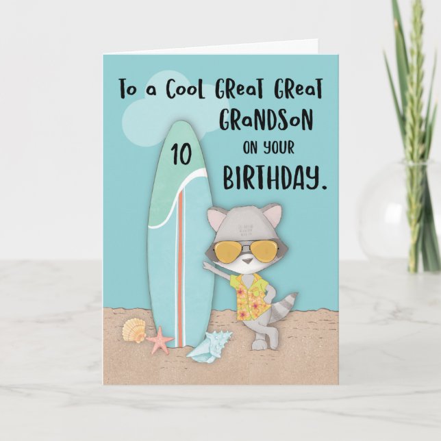 Age 10 Great Great Grandson Birthday Beach Raccoon Card (Front)