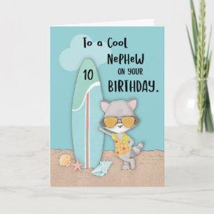 Age 10 Nephew Birthday Beach Funny Cool Raccoon Card