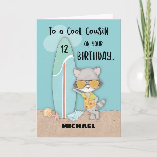 Age 12 Cousin Birthday Beach Funny Cool Raccoon  Card