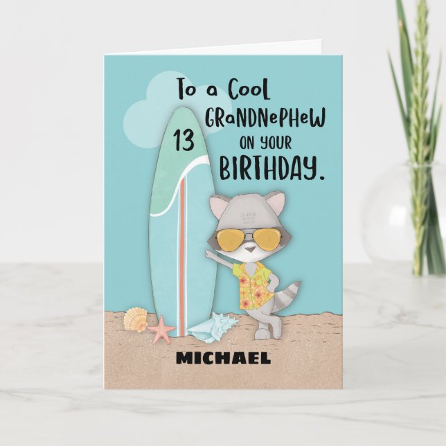 Age 13 Grandnephew Birthday Beach Funny Raccoon Card (Front)