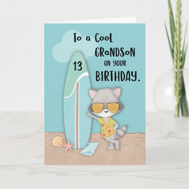 Age 13 Grandson Birthday Beach Funny Cool Raccoon  Card (Front)