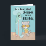 Age 13 Great Grandson Birthday Beach Funny Raccoon Card<br><div class="desc">When you see the front of this card, the cool raccoon will remind you of your cool and handsome great grandson who also loves the beach and surfing. But most importantly, this will definitely remind you that it will be his 13th birthday soon! So get him a copy of this...</div>