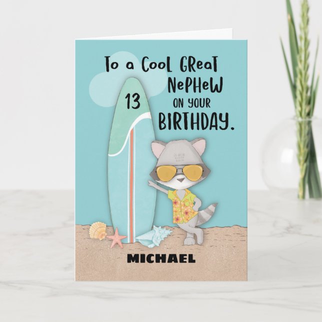 Age 13 Great Nephew Birthday Beach Funny Raccoon Card (Front)