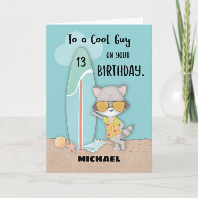 Age 13 Guy Birthday Beach Funny Cool Raccoon Card (Front)